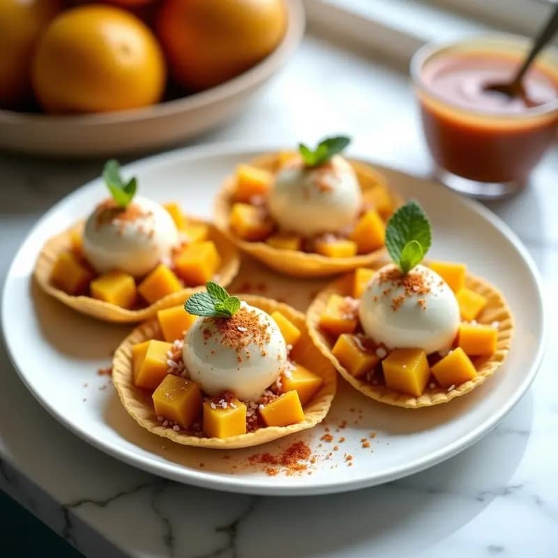 Tacos de Helado de Mango y Chile: Concha de Galleta de Maíz con Salsa de Tamarindo