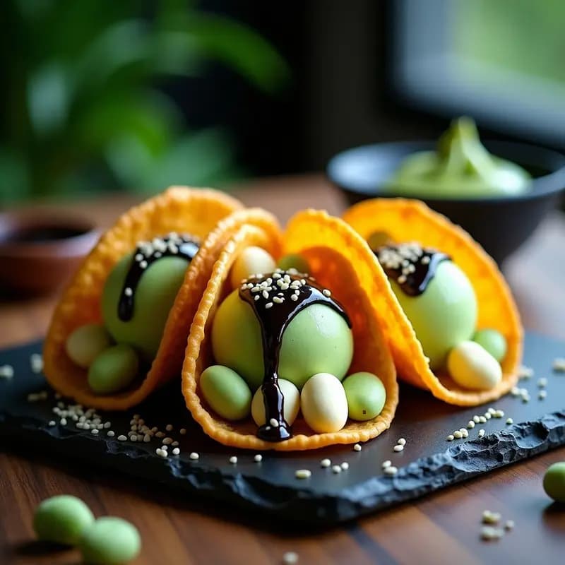 Tacos de Helado de Matcha y Mochi con Salsa de Sésamo Negro: Postre Asiático Crunchy en Airfryer