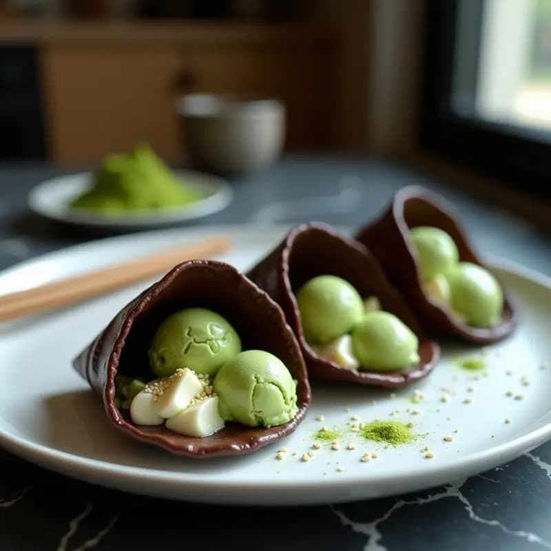 Tacos de Helado de Matcha y Mochi: Postre Japonés en Cáscara de Chocolate