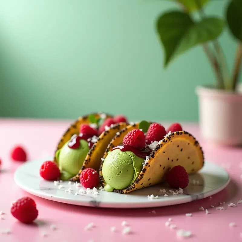 Tacos de Helado de Matcha con Salsa de Frambuesas y Semillas de Chía: Postre Estético