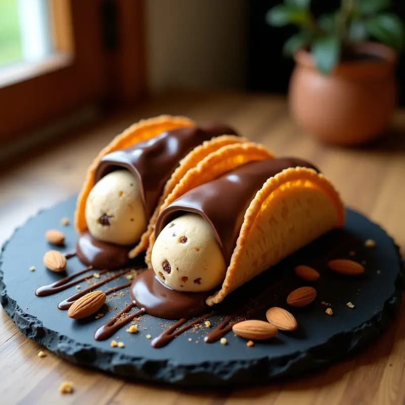 Tacos de Helado de Té Chai con Cobertura de Chocolate 85%: Postre Indio Fusionado en Cono Crujiente
