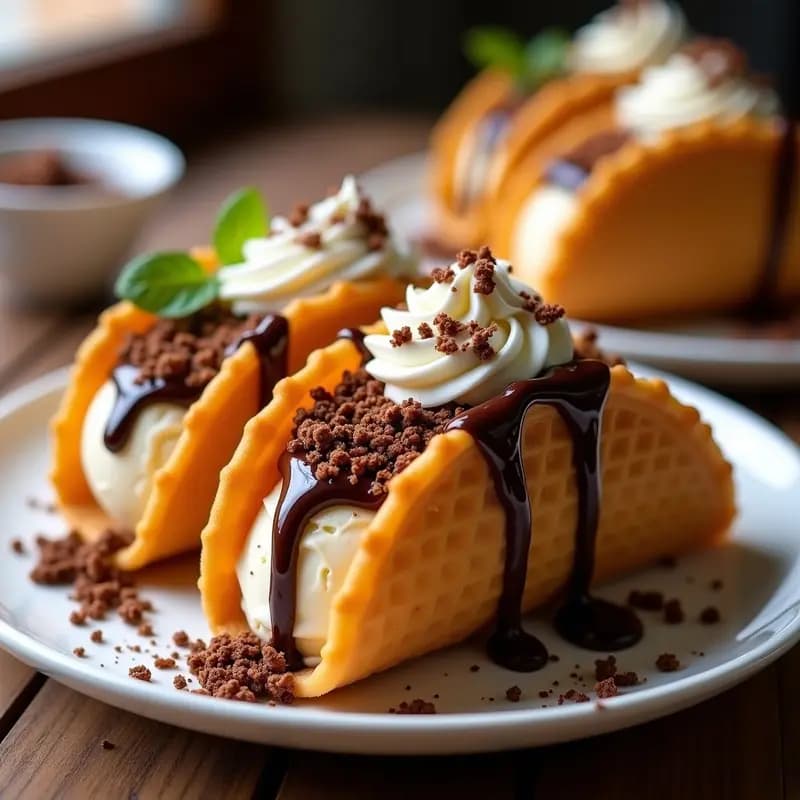 Tacos de Helado de Vainilla con Baño de Chocolate y Toppings de Galleta Triturada y Nata
