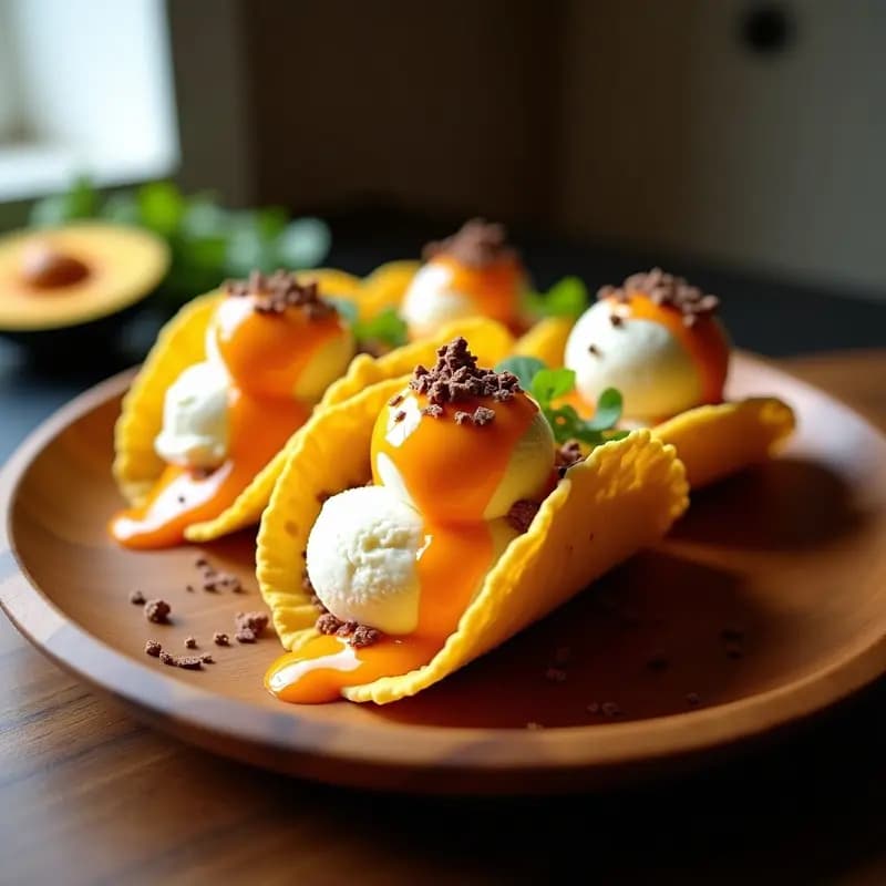 Tacos de Helado de Vainilla con Salsa de Mango Habanero y Crujiente de Tostadas