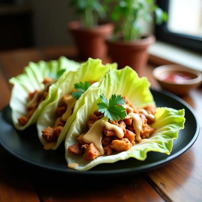 Tacos de Hoja de Col Rellena de Jackfruit Desmenuzado y Salsa de Marañón