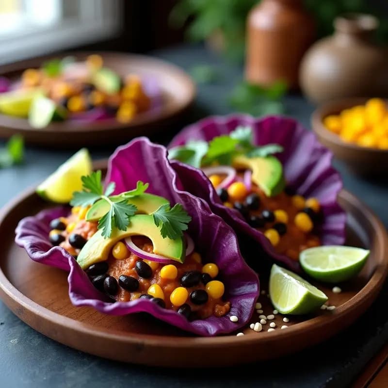 Tacos de Hoja de Col Morada con Relleno de Frijoles Negros, Maíz y Salsa de Chipotle