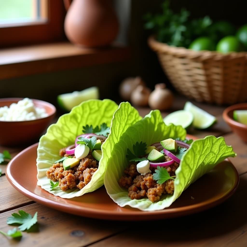 Tacos de Hoja de Lechuga con Picadillo de Hongos Ostra y Queso de Caju: Receta Mexicana Crudivegana
