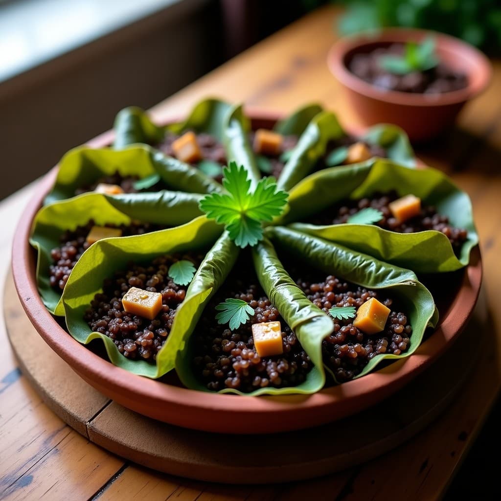 Tacos de Hoja de Parra con Arroz Salvaje y Berenjena Ahumada: Receta Armenia Vegana