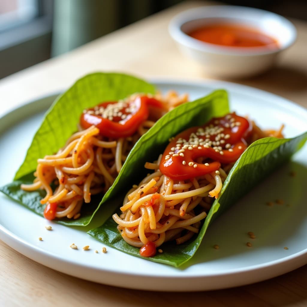 Tacos de Hoja de Parra con Relleno de Kongnamul y Salsa Gochujang: Receta Coreana Vegana en Airfryer