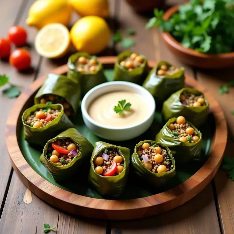 Tacos de Hoja de Parra Rellenos de Quinoa y Garbanzos con Salsa de Tahini: Receta Libanes Vegana