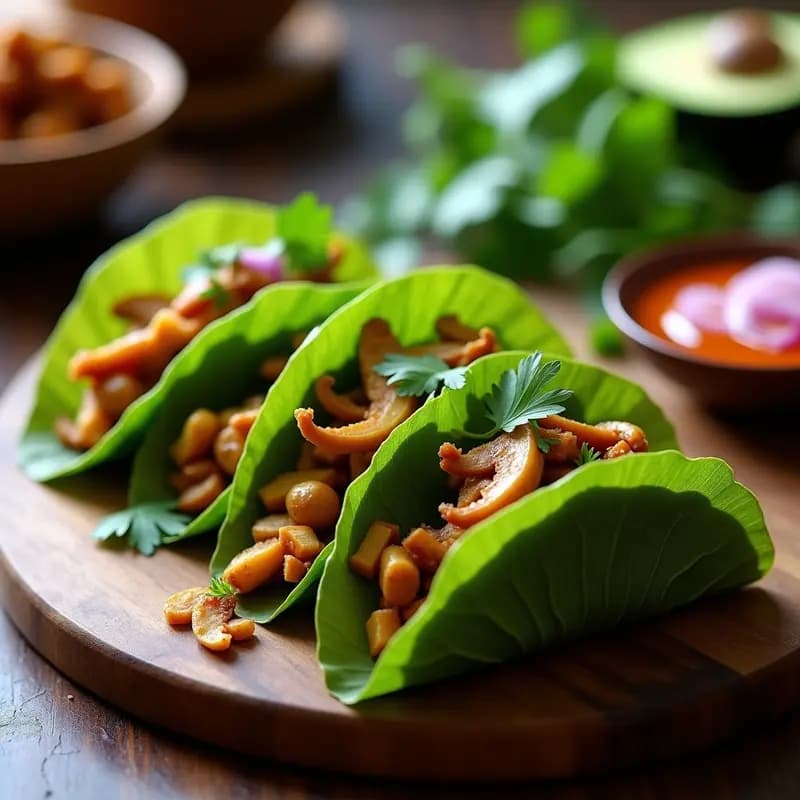 Tacos de Hoja de Plátano con Relleno de Hongo Ostra y Aderezo de Tamarindo: Receta Mexicana Sin Gluten