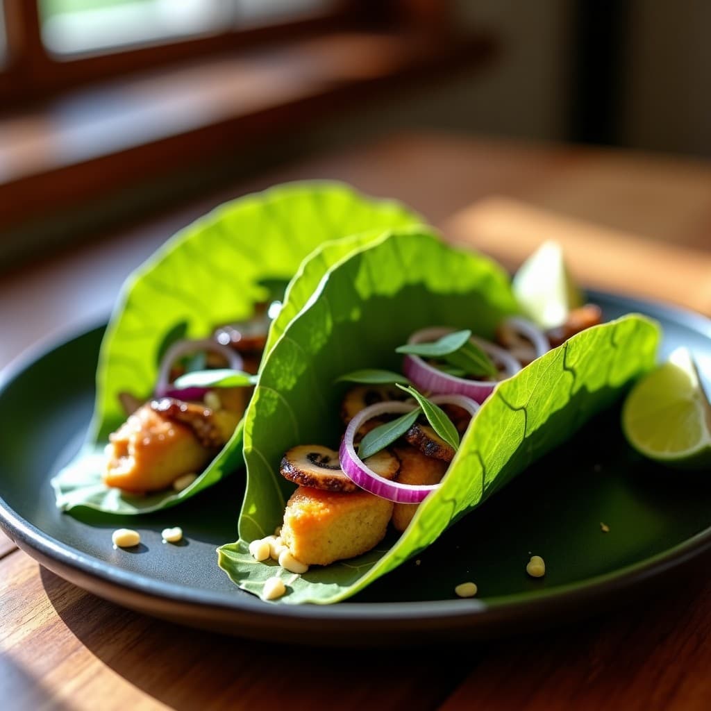Tacos de Hoja de Plátano con Relleno de Hongos Shitake y Queso Vegano: Receta Mexicana Sin Gluten