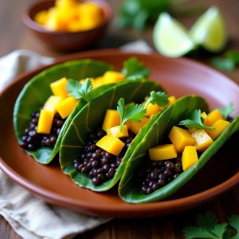Tacos de Hoja de Plátano con Relleno de Lentejas Beluga y Salsa de Mango: Receta Mexicana Vegana