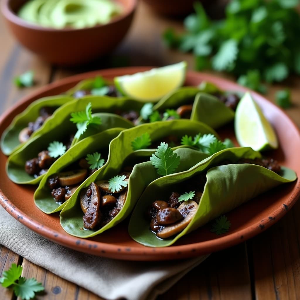 Tacos de Hoja de Plátano con Relleno de Moronga de Setas: Receta Vegana Sin Gluten