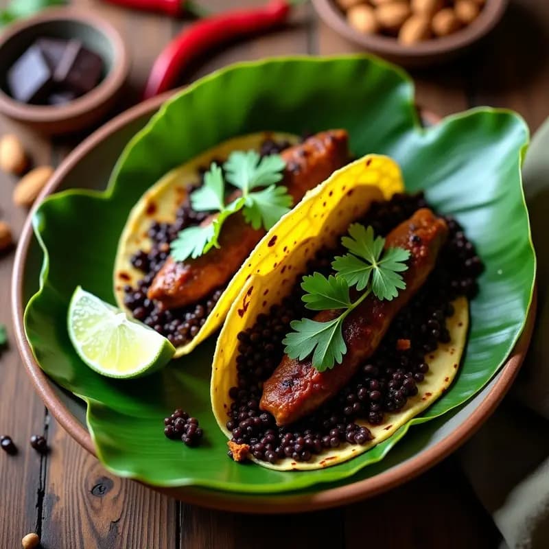 Tacos de Hoja de Plátano con Relleno de Pollo al Mole y Arroz Salvaje: Receta Mexicana Tradicional
