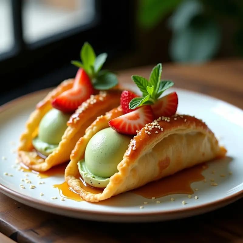 tacos de hojaldre con helado de matcha y fresas: Postre francés-japonés