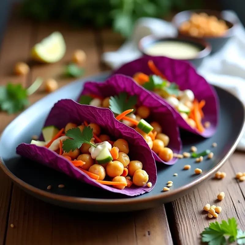 Tacos de Hojas de Col Morada con Relleno de Garbanzos y Tahini: Receta Crunchy y Colorida