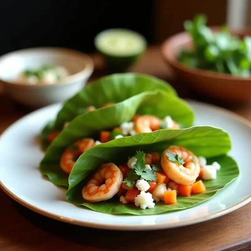 Tacos de Hojas de Lechería con Ceviche de Camarón y Leche de Coco: Receta Mexicana Sin Tortilla
