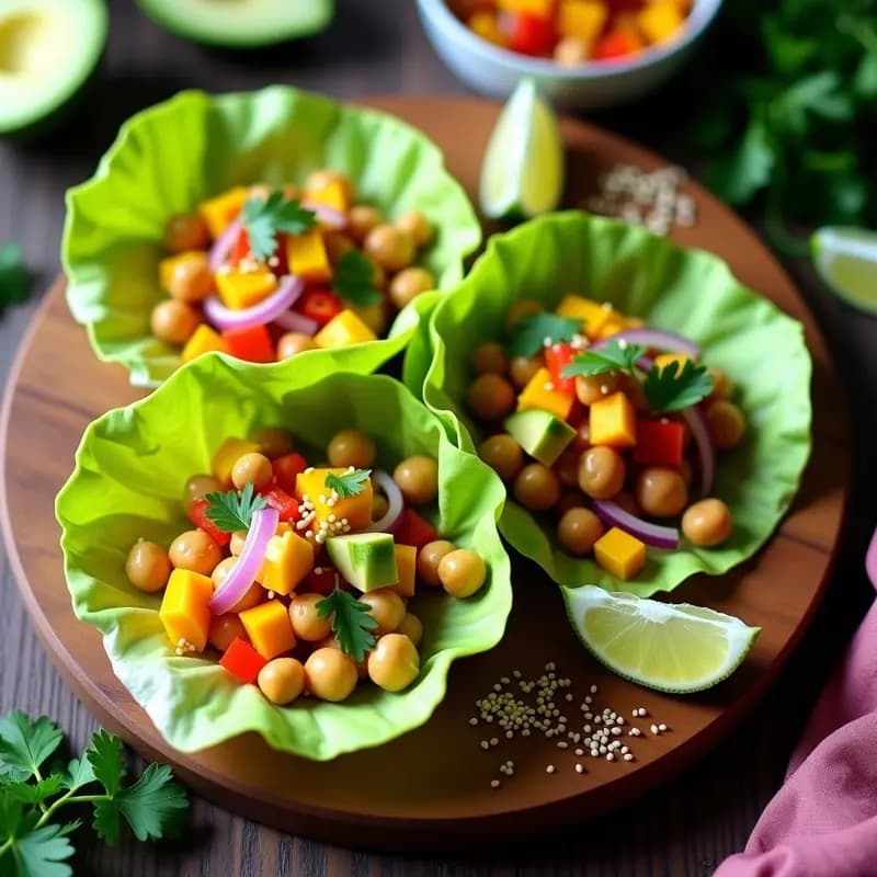 Tacos de Hojas de Lechuga con Relleno de Mango y Ceviche de Garbanzos: Receta crudivegana en 15 minutos