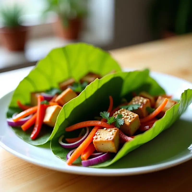 Tacos de Hojas de Loto Rellenos de Tofu Marinado y Vegetales