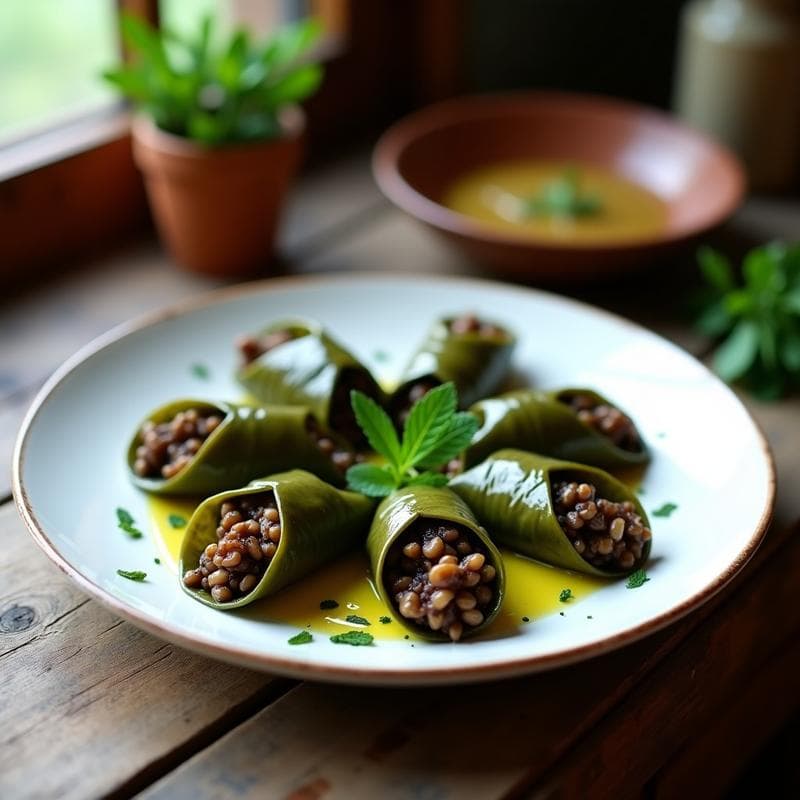 Tacos de Hojas de Parra Rellenos de Arroz salvaje y Hongos Shiitake: Receta Griega Vegana