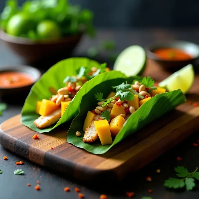 Tacos de Hojas de Plátano con Pescado al Ajillo y Mango: Receta Tailandesa-Mexicana