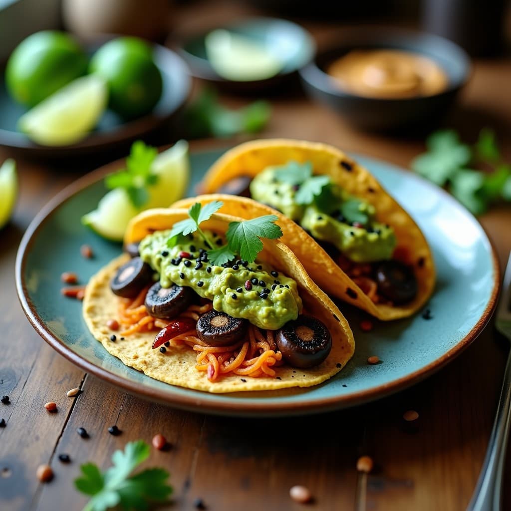 Tacos de hongo ostra desmenuzado con guacamole de aguacate negro: Receta vegana mexico-asiática