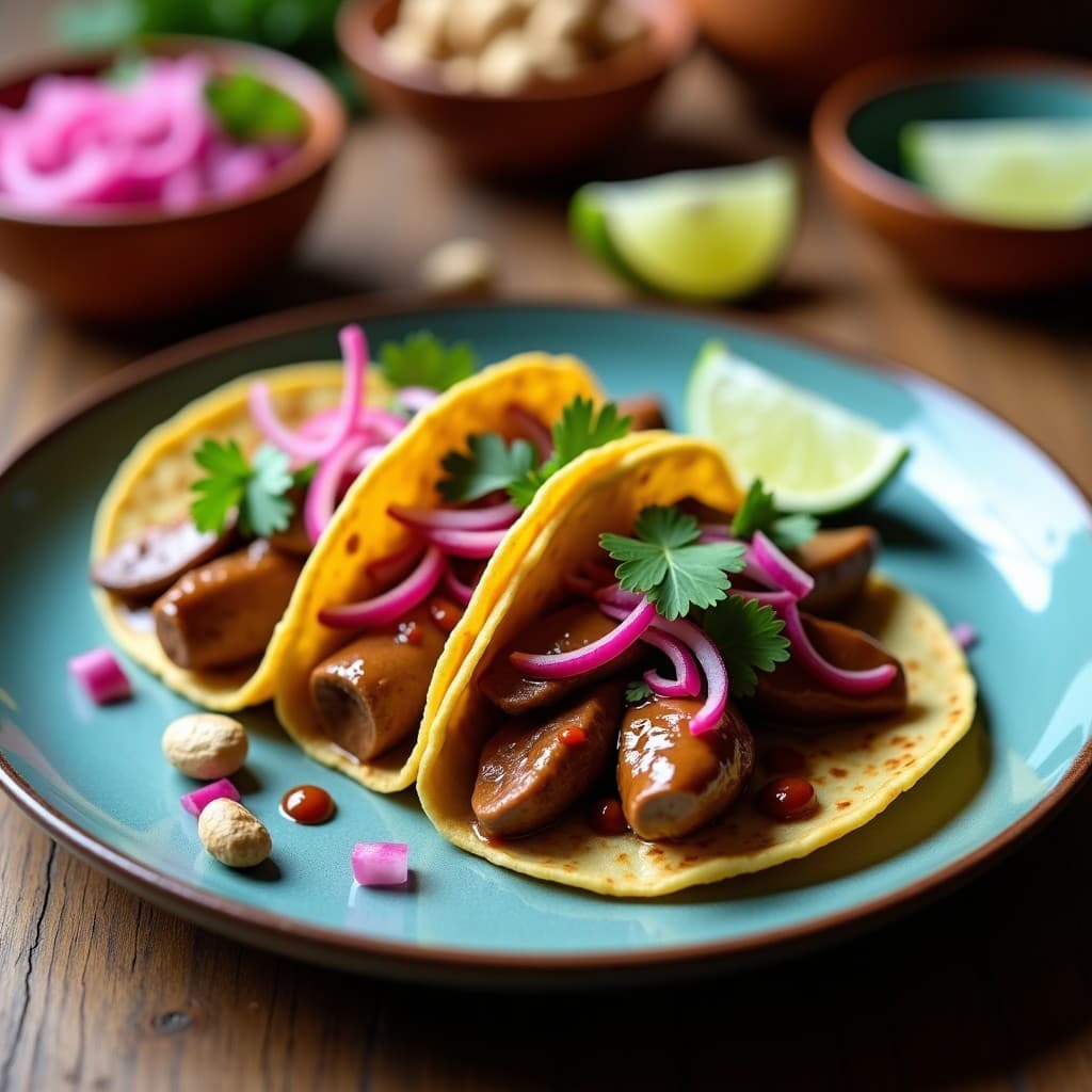 Tacos de Hongo Ostra Desmenuzado con Mole de Cacahuate: Receta Vegana Mexicana en 20 Minutos