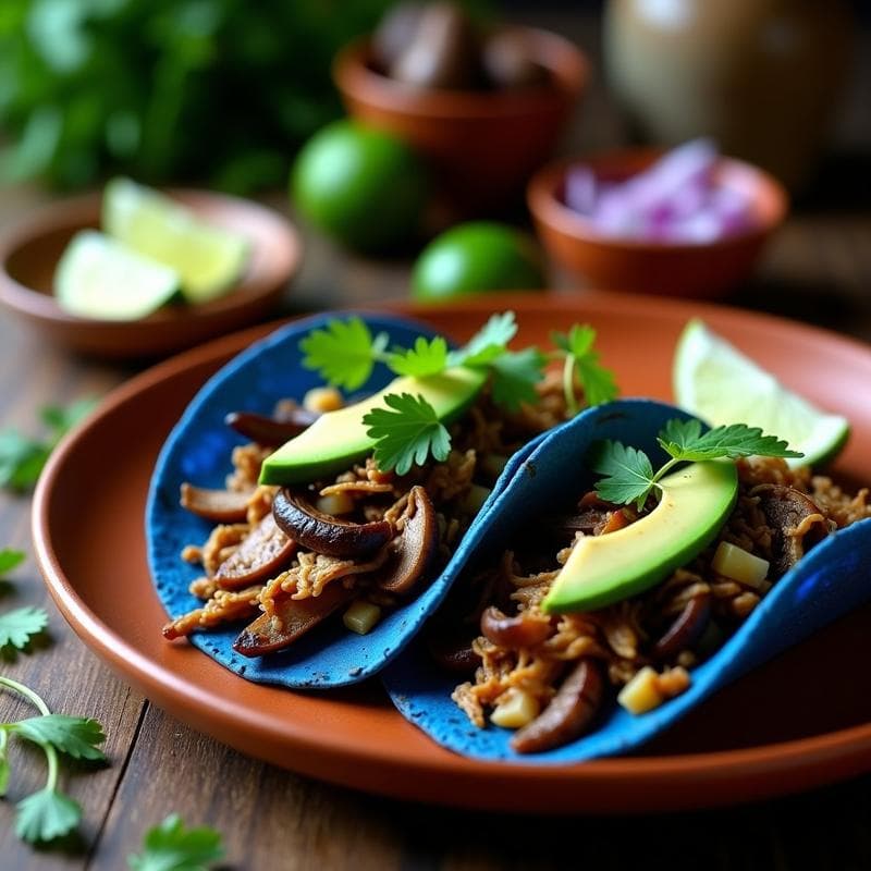 Tacos de Hongo Ostra Desmenuzado: Receta Vegana con Sabor a Carne en Tortillas de Maíz Azul