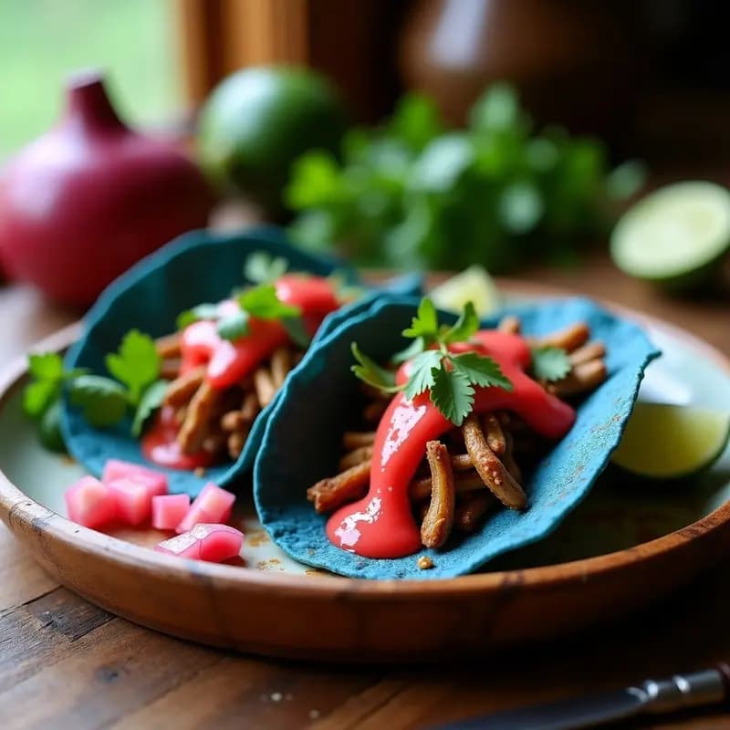 Tacos de hongo ostras y chipotle con salsa de guayaba: Receta vegana en tortillas de maíz azul