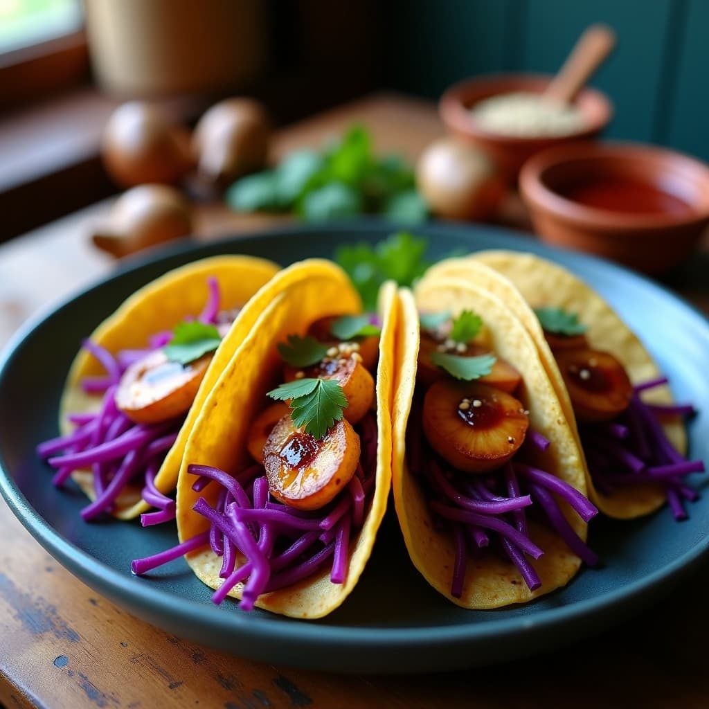 Tacos de Hongo Reishi y Col Morada con Salsa de Tamarindo: Receta Vegana Mexicana Antiinflamatoria
