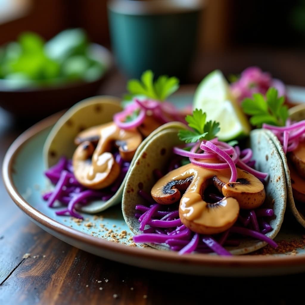 Tacos de Hongo Shitake y Repollo Morado con Salsa de Cacahuete: Receta Vegana en 20 Minutos