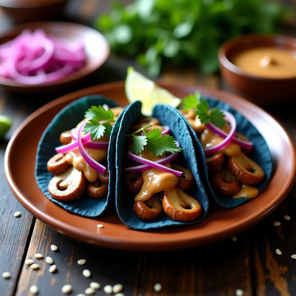 Tacos de Hongos Maitake con Crema de Cacahuate y Cebolla Morada: Receta Vegana Umami en 20 Minutos