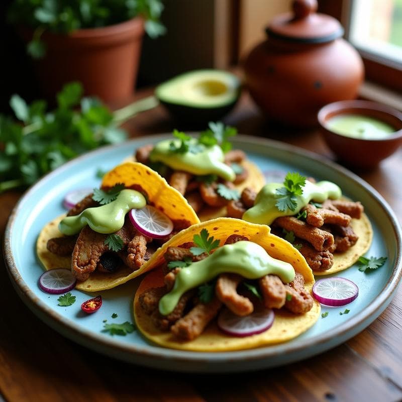 Tacos de Hongos Maitake y Nopales con Crema de Aguacate y Chile de Árbol: Receta Vegana en Airfryer