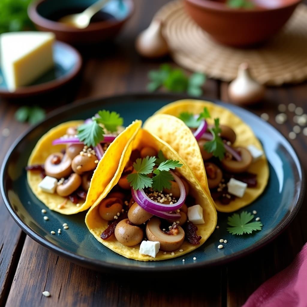 Tacos de Hongos Maitake y Queso de Cabra: Receta Gourmet en Airfryer con Reduce de Balsámico