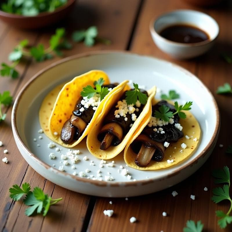 Tacos de Hongos Morel y Trufa con Salsa de Chile Pasilla: Receta Gourmet Mexicana en Sartén