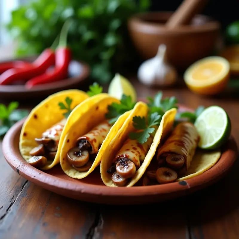 Tacos de Hongos Ostra con Aderezo de Chipotle y Queso Vegano: Receta Mexicana Alta en Umami