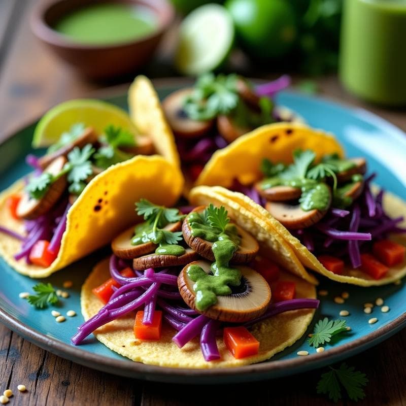 Tacos de Hongos Ostra y col Morada con Salsa de Cilantro y Lima: Receta Vegana y Crudivegana