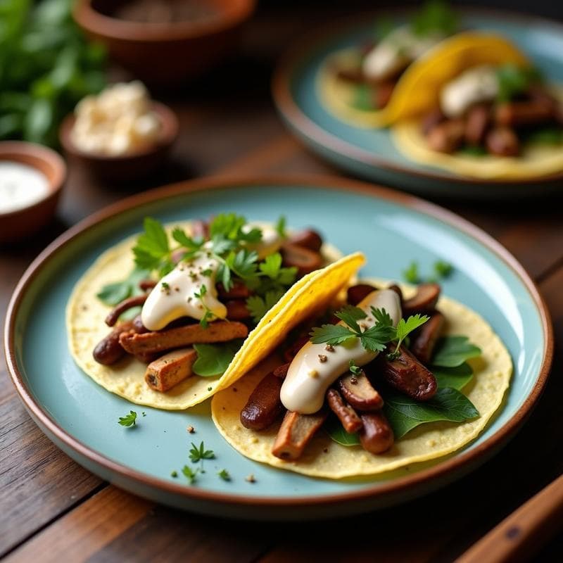 Tacos de Hongos Ostra y Hoja Santa: Receta Mexicana Sin Gluten con Crema de Cashew