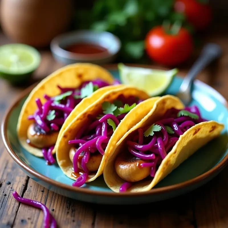 Tacos de Hongos Oyster Marinados en Adobo con Repollo Morado Encurtido: Receta Vegana Mexicana