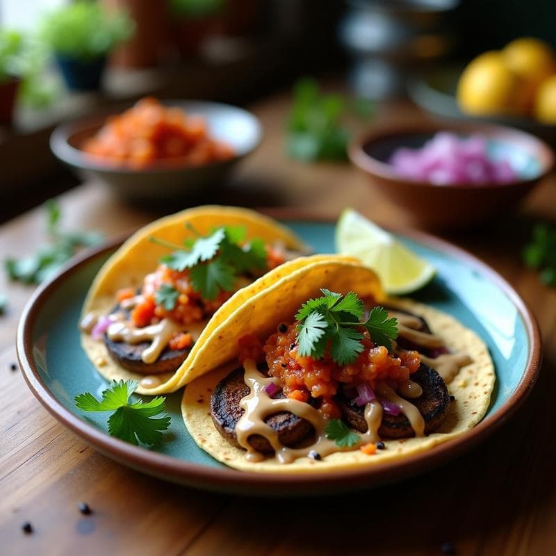 Tacos de Hongos Portobello y Kimchi con Salsa de Cacahuete: Receta Coreana-Mexicana
