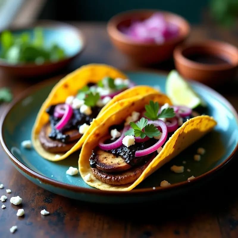Tacos de Hongos Portobello con Mole Negro y Cebolla Morada: Receta Mexicana Vegetariana