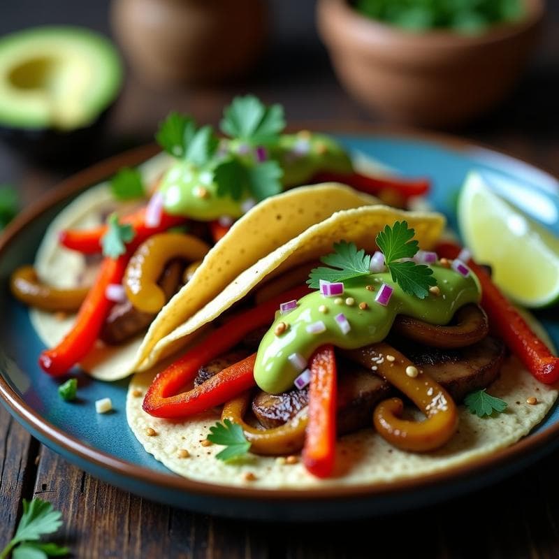 Tacos de Hongos Shitake y Pimientos Asados: Receta Vegana con Salsa de Aguacate