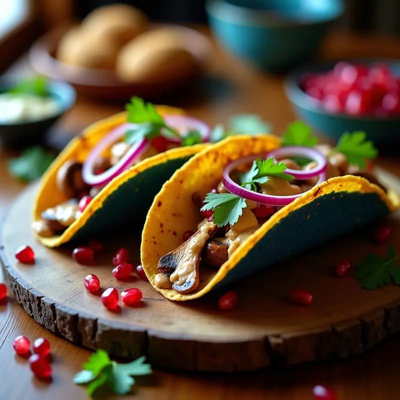 Tacos de Hongos Shiitake con Salsa de Tahini y Granado: Receta Fusión Mexicano-Árabe
