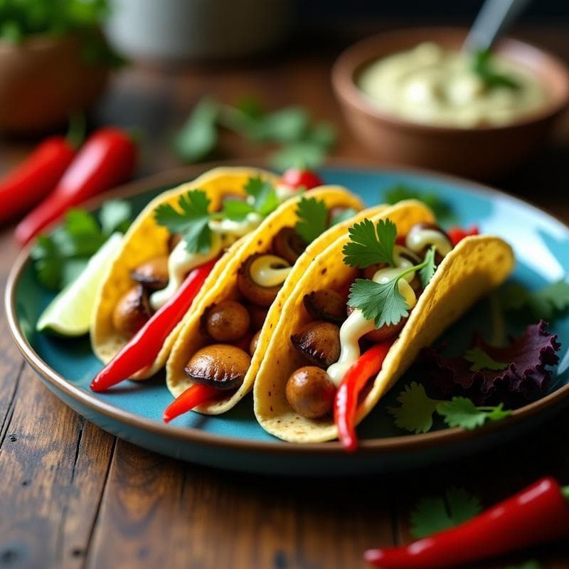 Tacos de Hongos Shimeji y Pimiento Rojo con Crema de Anacardos: Receta Mexicana Vegana