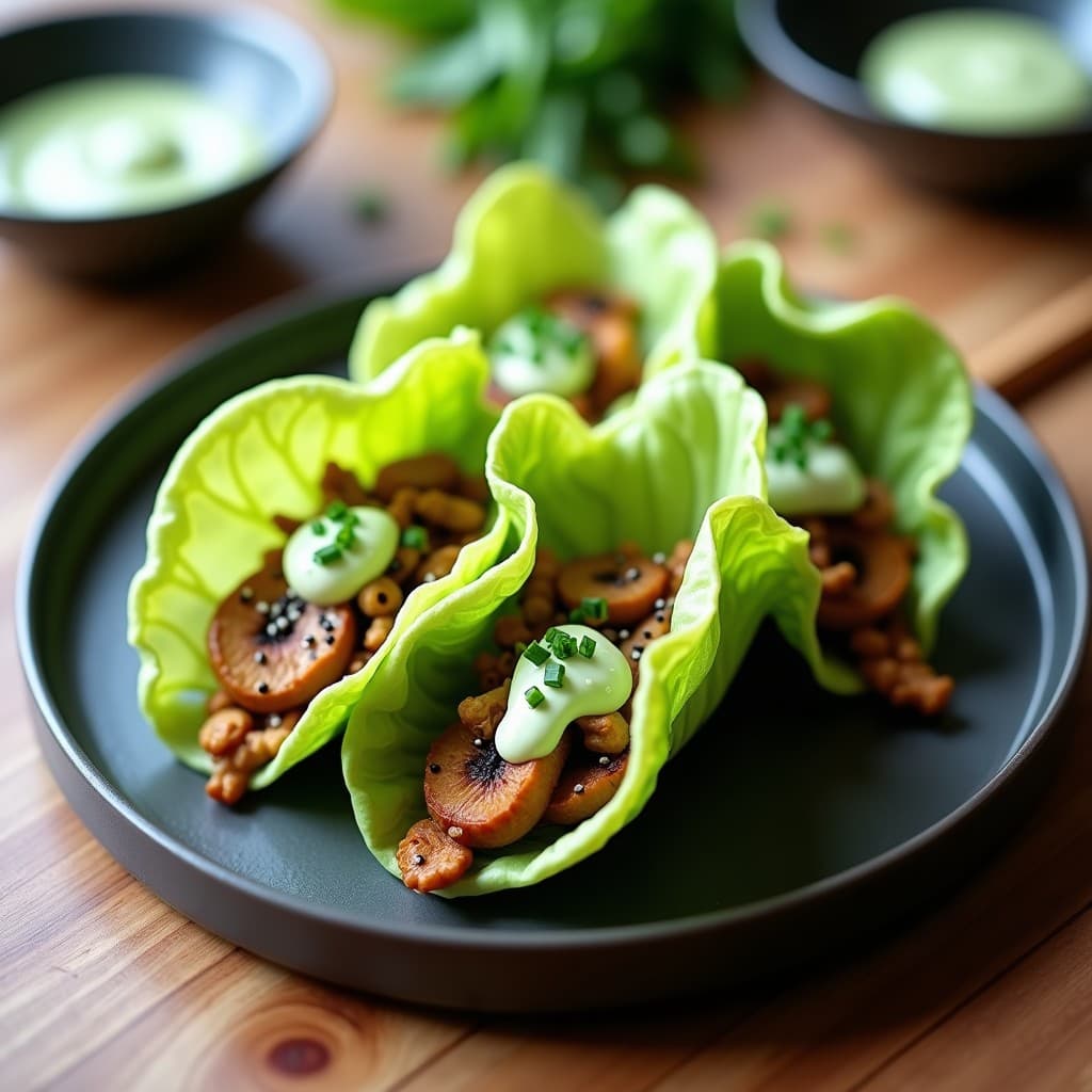 Tacos de Butterhead con Relleno de Hongos Shimeji y Crema de Wasabi: Receta Japonesa Vegana en Airfryer