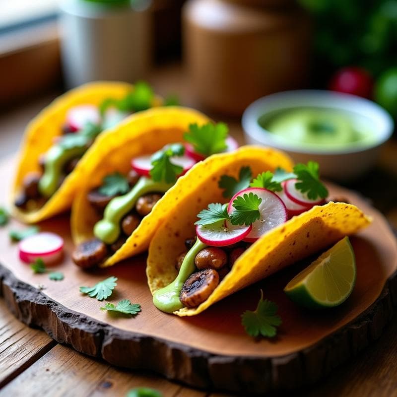 Tacos de Hongos Shitake con Crema de Aguacate y Rábanos: Receta Vegana y Crujiente