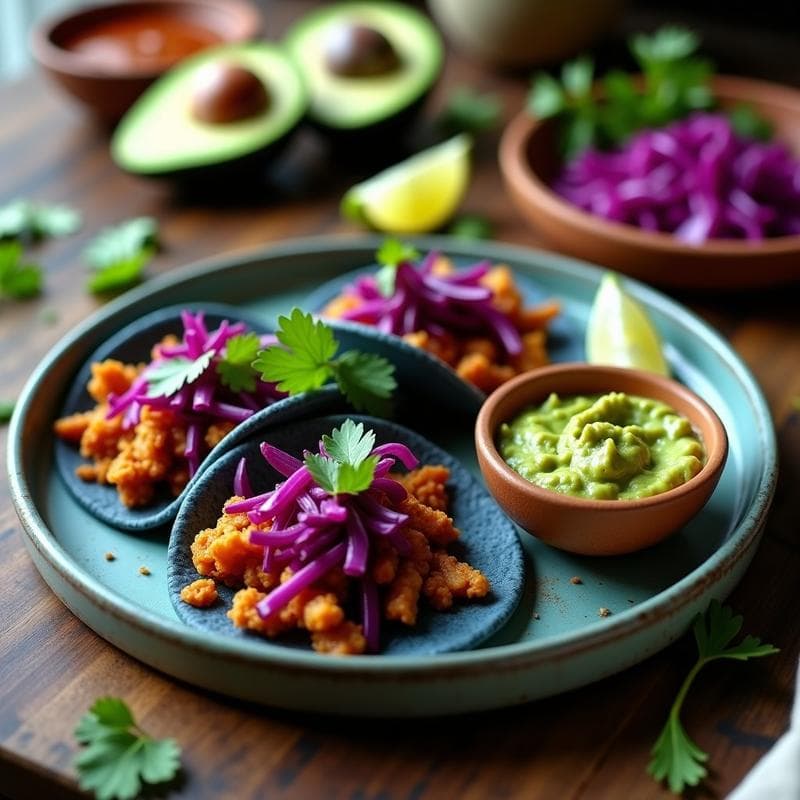 Tacos de Jackfruit en Adobo con Repol morado y Salsa de Guacamole: Receta Mexicana Sin Gluten en 20 Minutos