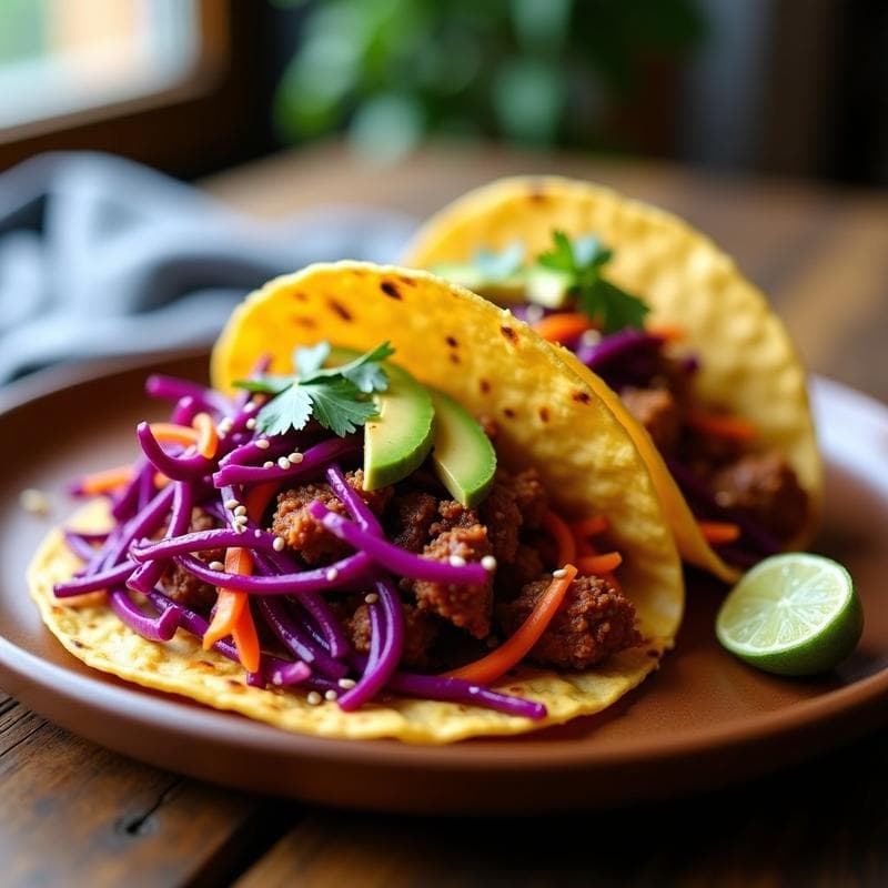 Tacos de Jackfruit Desmenuzado con Barbacoa de Chipotle y Slaw de Col Morada