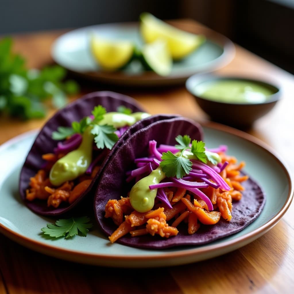 Tacos de Jackfruit al Chipotle con Repollo Morado y Crema de Aguacate: Receta Vegana en 20 Minutos