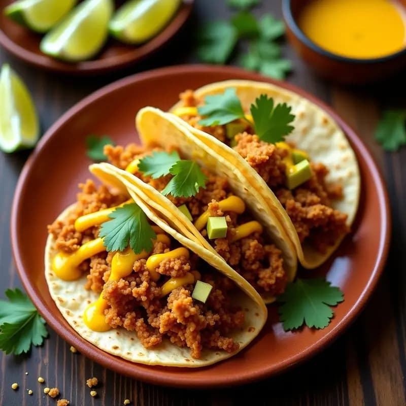Tacos de Jackfruit Desmenuzado con Salsa de Maracuyá y Crujiente de Quinoa Inflada
